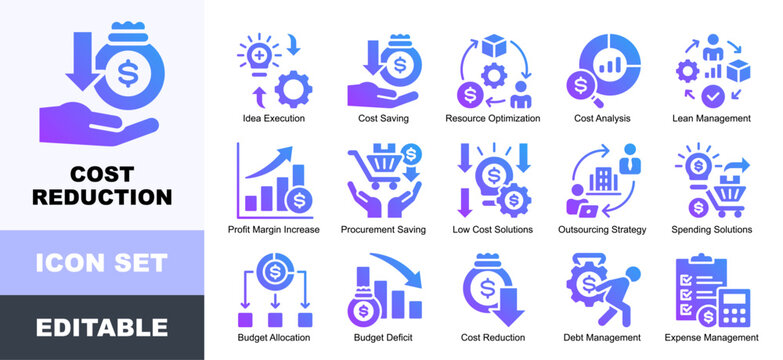 Cost Reduction Icon Pack Featuring Idea Execution, Cost Saving, Resource Optimization, Cost Analysis, Lean Management, Profit Margin Increase, Procurement Saving