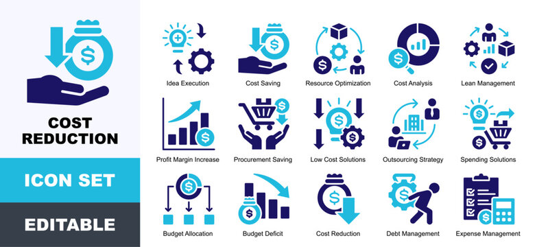 Cost Reduction Icon Pack Featuring Idea Execution, Cost Saving, Resource Optimization, Cost Analysis, Lean Management, Profit Margin Increase, Procurement Saving