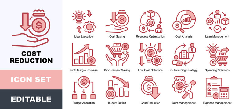 Cost Reduction Icon Pack Featuring Idea Execution, Cost Saving, Resource Optimization, Cost Analysis, Lean Management, Profit Margin Increase, Procurement Saving