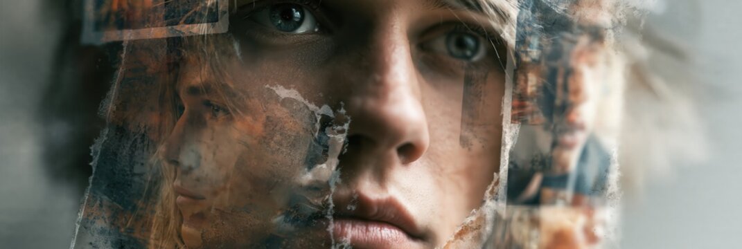 Young man's face blending with fading memories and fragmented moments, symbolizing memory loss and emotional struggle