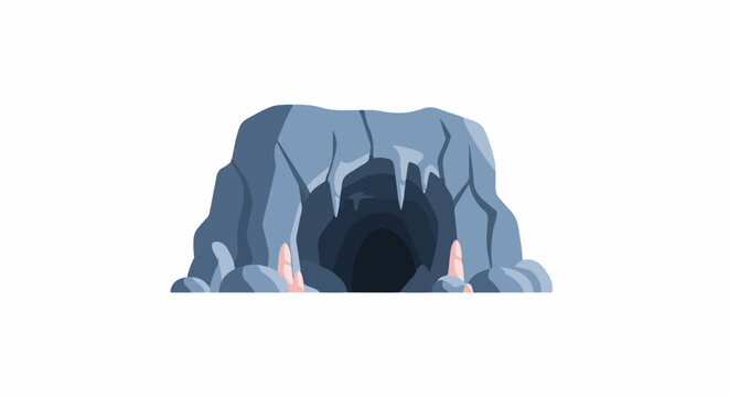 A pixelated, blue-gray cave entrance with stalactites and two light pink, fleshy protrusions emerging