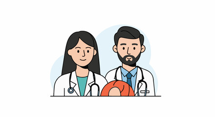 Fototapeta premium Two cartoon medical professionals, a woman and man, in white coats with stethoscopes