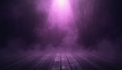 Obraz premium Dark purple stage with wooden floor and ceiling, illuminated by bright spotlight beam. Hazy smoke drifts across the scene creating atmosphere.