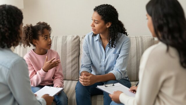 A female counselor listens attentively to a young girl during a therapy session, with another adult observing and taking notes. The setting is warm and supportive.