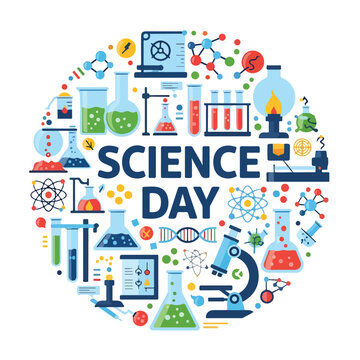 Colorful science day graphic with lab equipment and symbols
