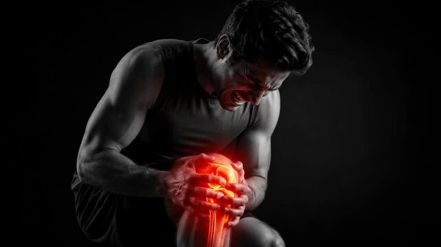 Man holding painful leg with highlighted knee joint. Athletic injury concept showing muscle and bone ache. Medical visualization of chronic joint disease symptom.
