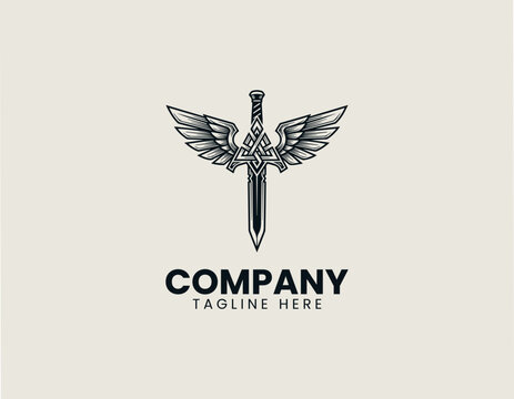 Winged sword with Norse valknut symbol minimalist black vector logo fantasy warrior emblem