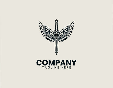 Winged sword with Norse valknut symbol minimalist black vector logo fantasy warrior emblem