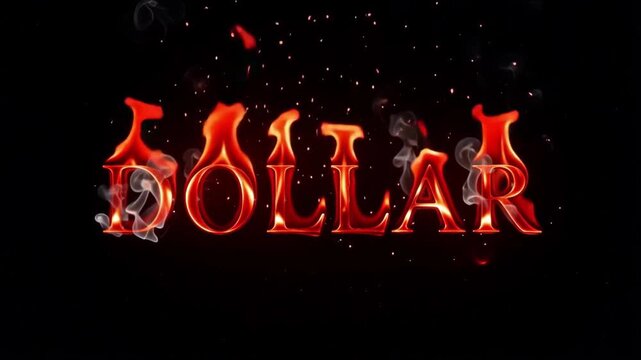 Dollar text burning in bright flames with rising smoke and glowing embers in this dynamic motion animation footage featuring intense heat and energetic visual effects that create a powerful cinematic 