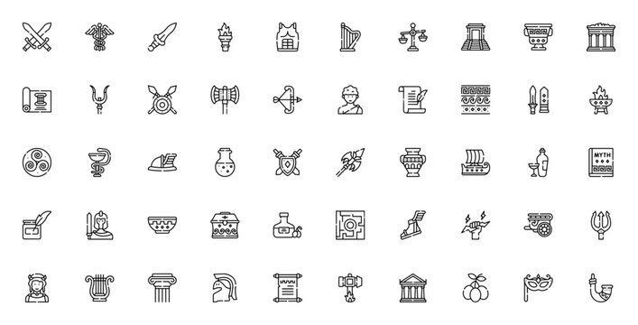 Ancient Greece icon set. Minimalist thin line web icons pack. Vector illustration. Featuring symbols of mythology, gods, weapons, architecture, pottery, and more. Editable vector stroke.
