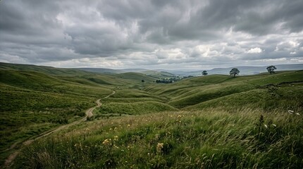 Fototapeta premium Rolling Green Hills Under Stormy Sky with Dramatic Clouds in Countryside Landscape