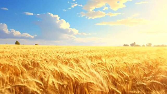 Golden wheat field under a bright sunny sky with fluffy clouds