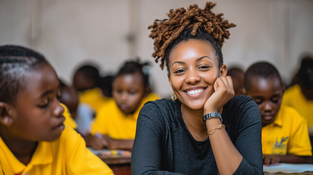 A smiling woman and children observe National missing Children&rsquo;s Day in a classroom