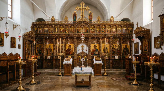 Ornate interior of an Orthodox church with golden iconostasis and candles.