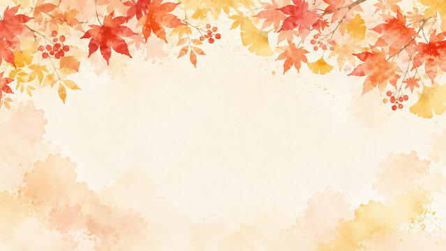 Japanese autumn watercolor background with red maple leaves and ginkgo, with copy space in the center