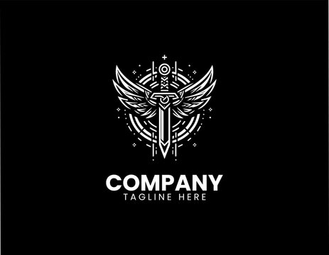Winged sword with Norse valknut symbol minimalist black vector logo fantasy warrior emblem