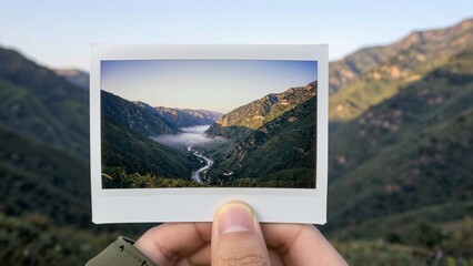 Obraz premium A hand holds an instant photo capturing a scenic mountain valley with a winding river, set against the actual backdrop of the same landscape in soft focus.
