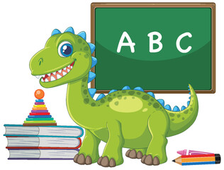Fototapeta premium Friendly Green Dinosaur in School Setting with ABC Chalkboard and Books