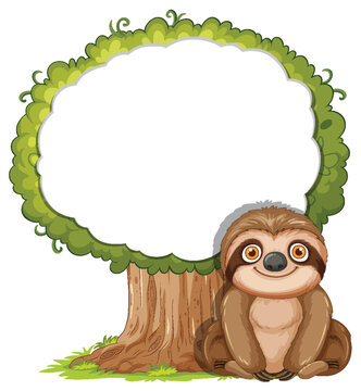 Cartoon Sloth Sitting Beside Tree With Blank Sign