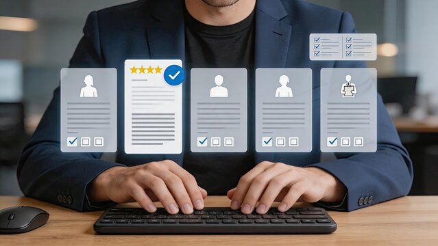 Business professional typing on keyboard analyzing customer reviews and ratings displayed as holographic interface cards showing five stars checkmarks and user profiles for