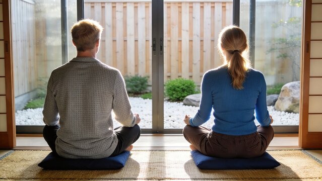 Couple meditating in lotus position on cushions inside Japanese room looking at peaceful zen garden with white stones and wooden fence through large glass doors for mindfulness