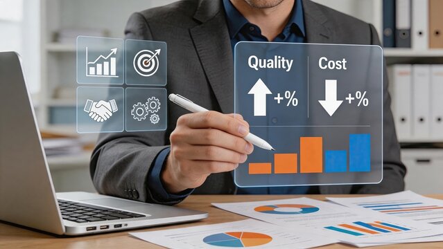 Businessman writing on virtual screen showing quality increase and cost decrease chart, business efficiency optimization, profit growth strategy, and financial management concept