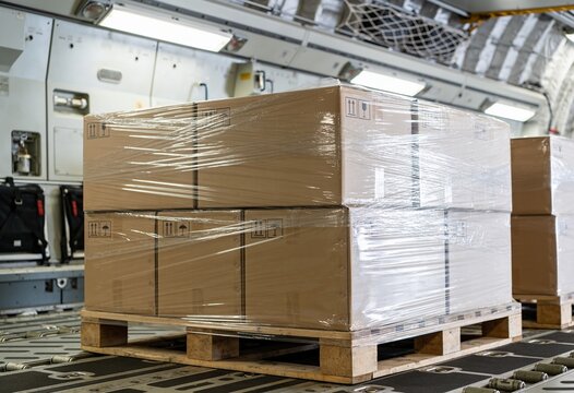 A wooden pallet loaded with several cardboard shipping boxes wrapped in clear plastic on a plane.