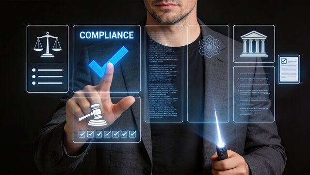 Legal compliance and regulatory adherence concept with businessman touching virtual screen displaying scales of justice gavel checklist and government building icons for law and