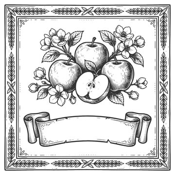 label design featuring apple, fig leaves, ornate border, and blank banner for jam packaging sketch engraving generative ai vector illustration. Scratch board imitation. Black and white image.