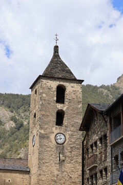 Bell tower of the Romanesque church of Sant Corneli and Sant Cebria in Ordino, Andorra  