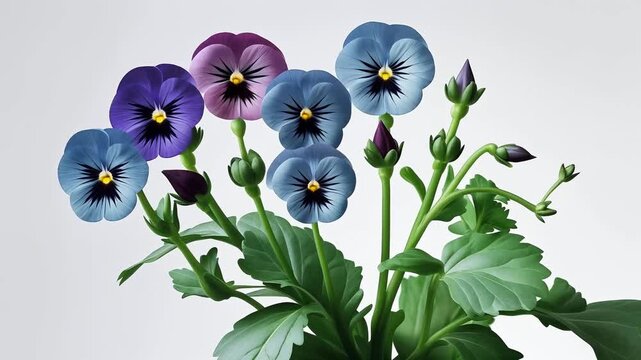 Colorful pansy flowers in various shades of blue and purple with green leaves arranged in a vibrant display against a light background