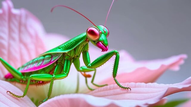 Green mantis insect with vibrant colors sits on a pink flower, showcasing its unique features and movements in a close-up view of nature's beauty