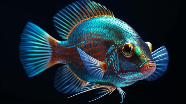 Colorful tropical fish with vibrant blue and orange patterns swims gracefully through dark water, showcasing its fins and scales in a visually captivating underwater scene