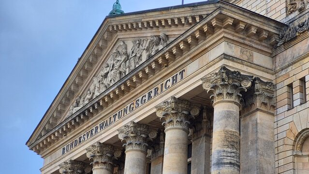 Detail of the pediment and columns of the Federal Administrative Court building in Leipzig, Germany
