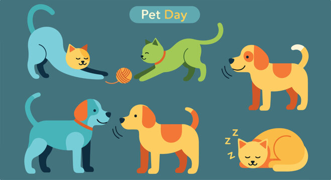 Colorful cartoon pets play and sleep
