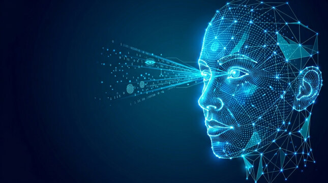 Digital Human Face Portrait Constructed from Glowing Geometric Nodes and Neural Network Data Connections