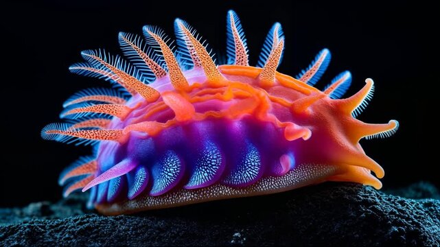 Colorful marine mollusk with vibrant spines and textures resting on dark substrate, showcasing gradual shifts in color and form across three frames in underwater environment
