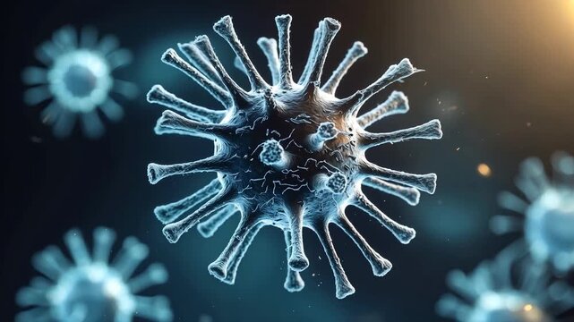 Microscopic view of a virus particle with spiky surface structures, surrounded by other virus particles in a dark background with glowing highlights