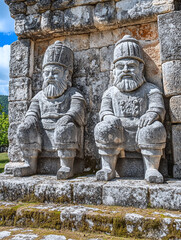 Obraz premium Ancient stone temple bas-relief figures on weathered wall in historic setting
