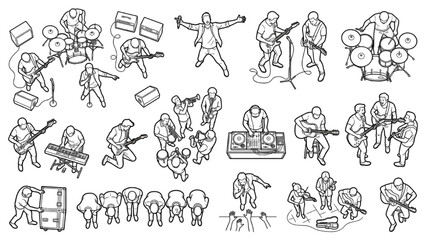 Fototapeta premium Rock Band Live Concert and Stage Performers Lineart Vector Set Featuring Isometric Poses