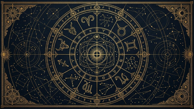 Vintage zodiac wheel astrology chart celestial constellation map background
