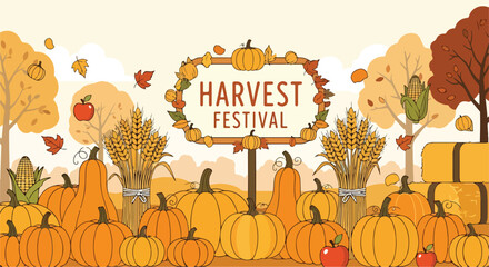 Colorful cartoon scene of Harvest Festival with pumpkins © Jinbe