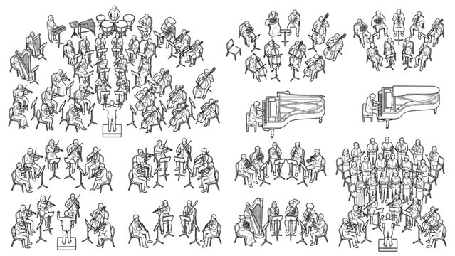 Symphony Orchestra Musicians and Concert Choir Outline Vector Set Featuring Isometric Poses