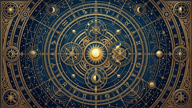 Vintage zodiac astrology chart celestial sun cosmic clock wall 