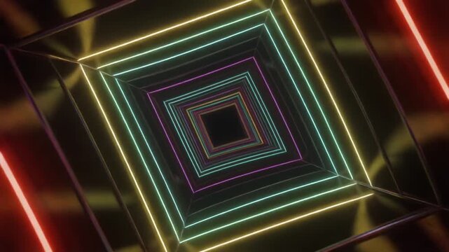 Abstract geometric tunnel pattern with neon glowing lines. Concentric diamond shapes in cyan, purple, and orange. Seamless looping motion graphics for futuristic backgrounds.