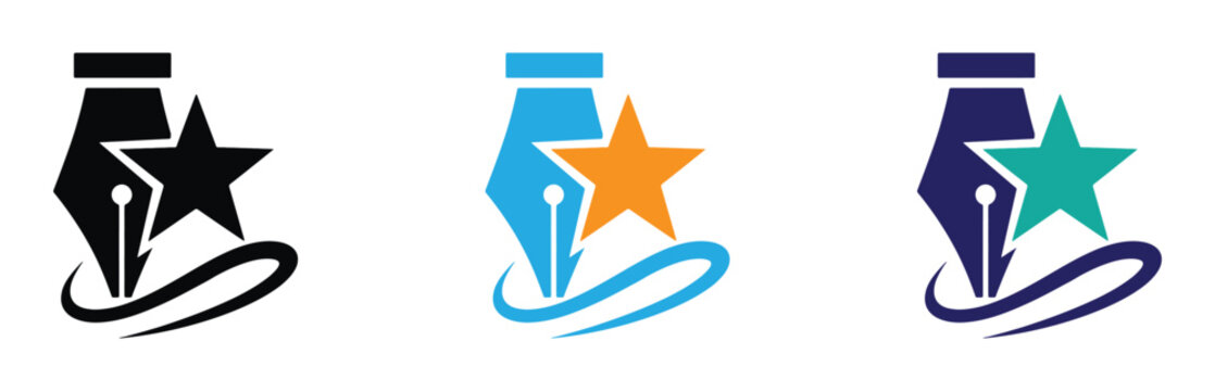 Colorful pen nib star icons in black blue and orange teal vector illustration. Black and white drawing of a vintage fountain pen nib, writing tool icon design. 