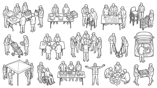Community Volunteers and Humanitarian Food Distribution Lineart Vector Set with Isometric Poses