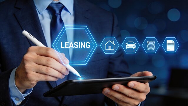 Corporate executive signing leasing agreement on digital tablet, real estate and vehicle rental contract concept with financial icons for property management services.