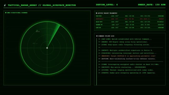 Military Radar Scanning Dashboard Airspace Target Tracking Defense Animation.