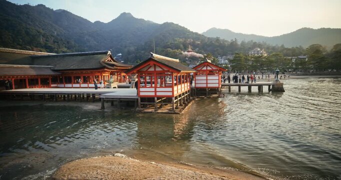 Itsukushima Shrine Floating Pavilions In Miyajima Island Japan at sunset
